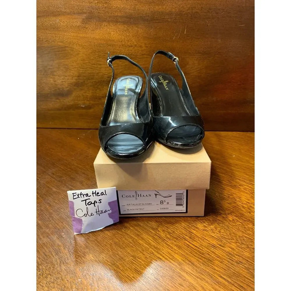 Cole Haan Nike Air Talia Women 8.5 B Black Patent Leather SlingBack Toe Heel - Picture 1 of 9